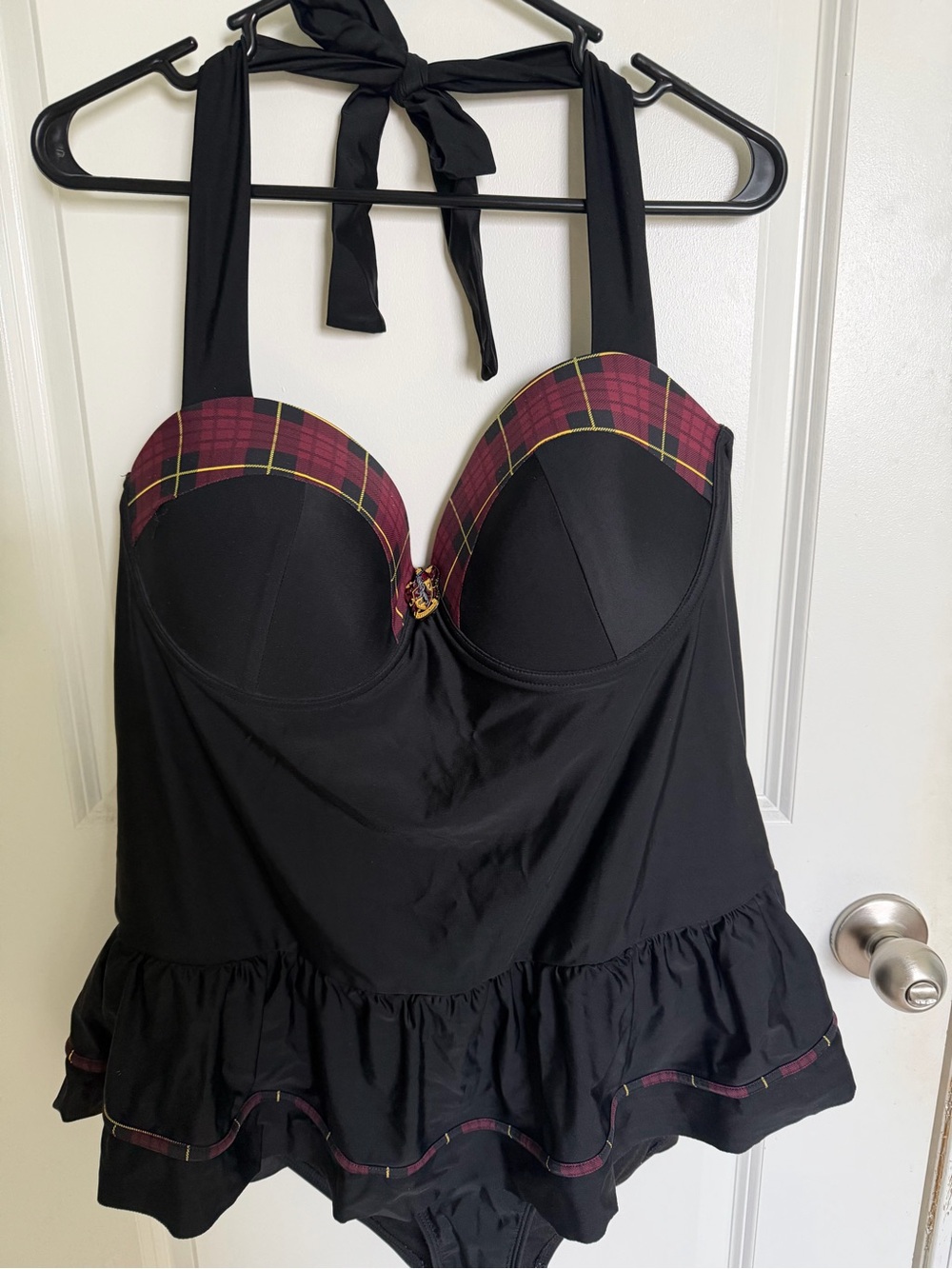 Black Plaid-Trim Halter One-Piece Swimdress